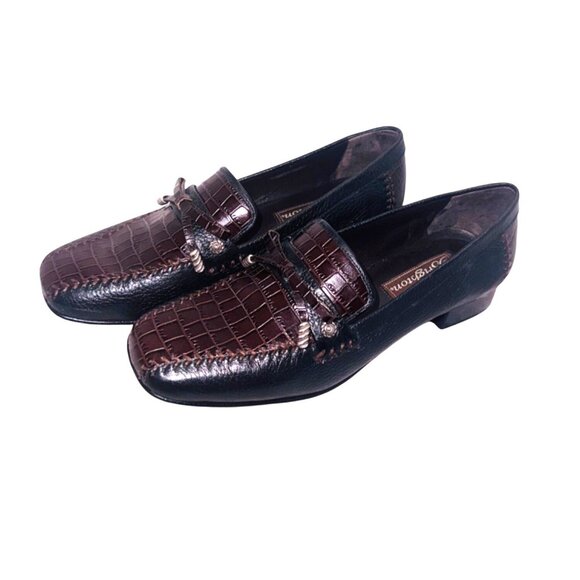 Brighton Brown Kent Loafers 7.5 Brown Black Croc Embossed Leather Slip-On Shoes - Picture 1 of 11